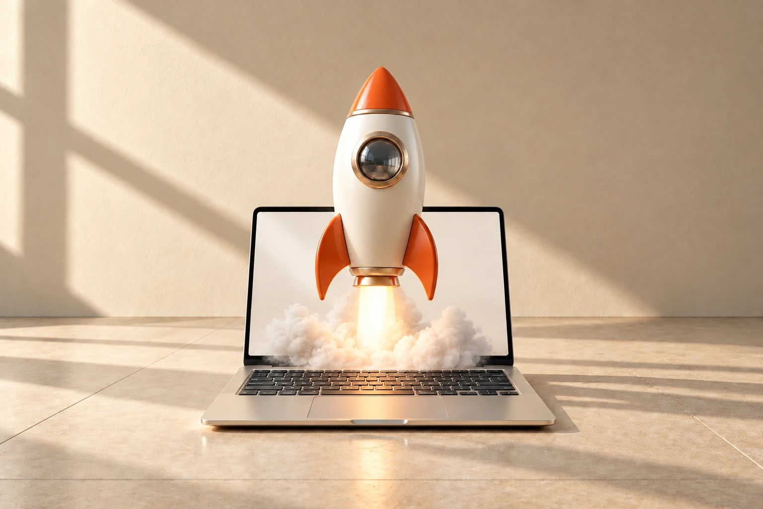 A rocket launching from a laptop on a sunlit desk