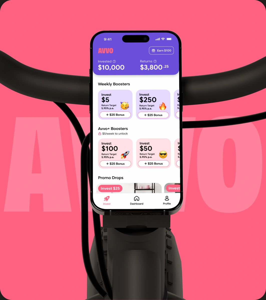AVVO mobile app on a bicycle stand against the pink AVVO wordmark