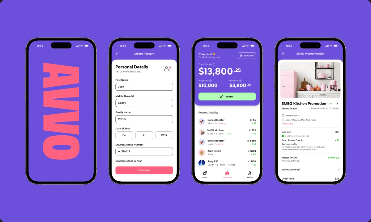 Four AVVO mobile screens on a purple background