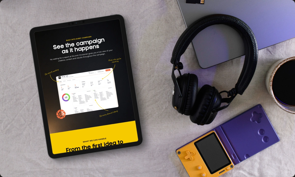 Miela website on a tablet beside gaming devices and a laptop