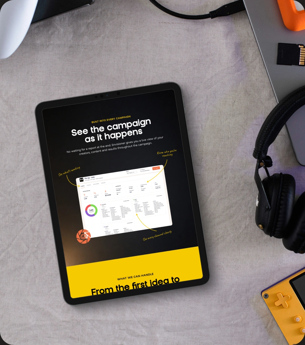 Miela website on a tablet beside gaming devices and a laptop