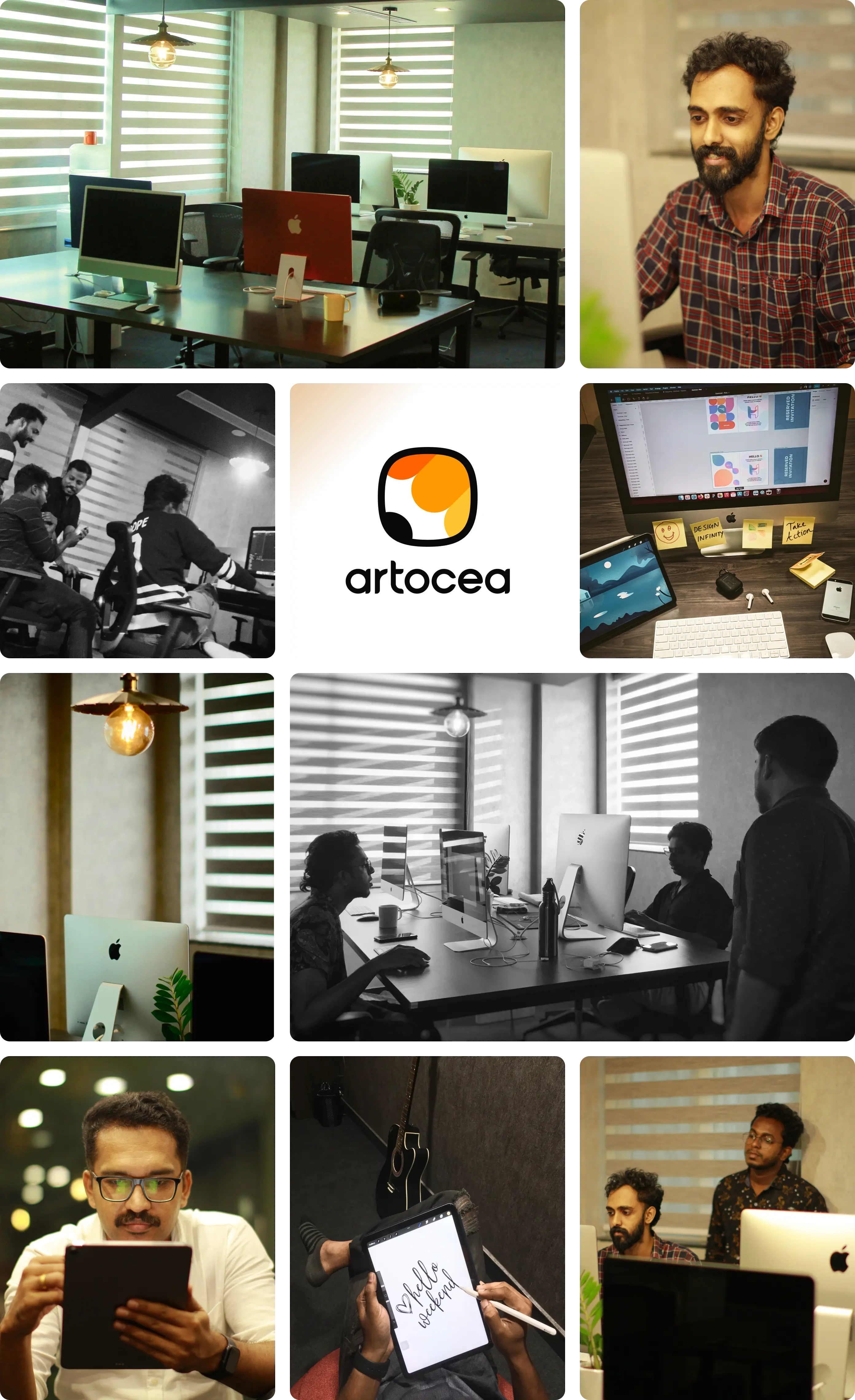 Artocea studio collage with team portraits, collaboration, branding and workspace photos