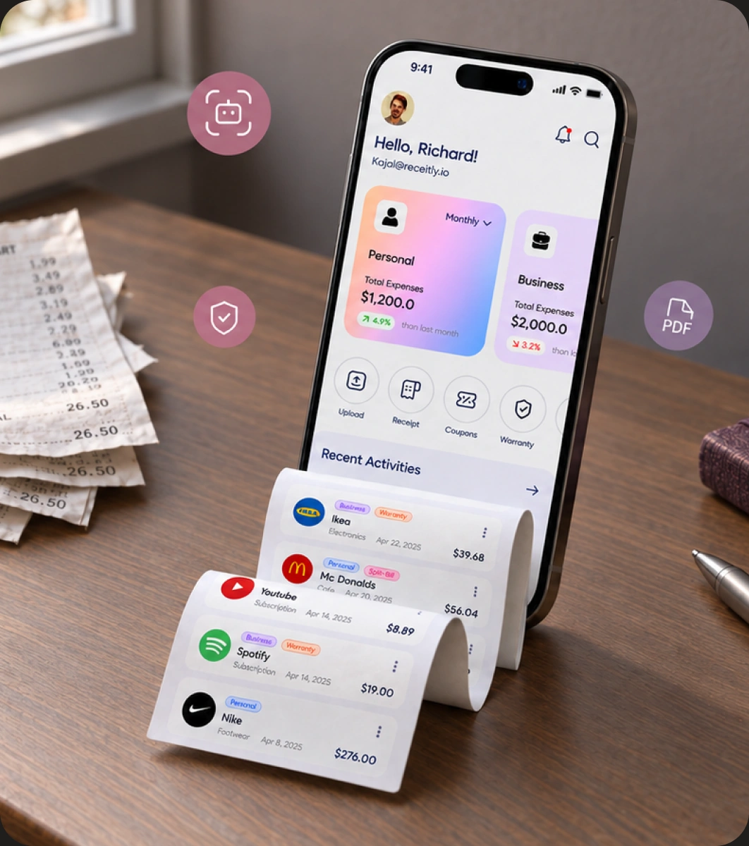 Receitly mobile expense dashboard on a desk beside receipts and stationery