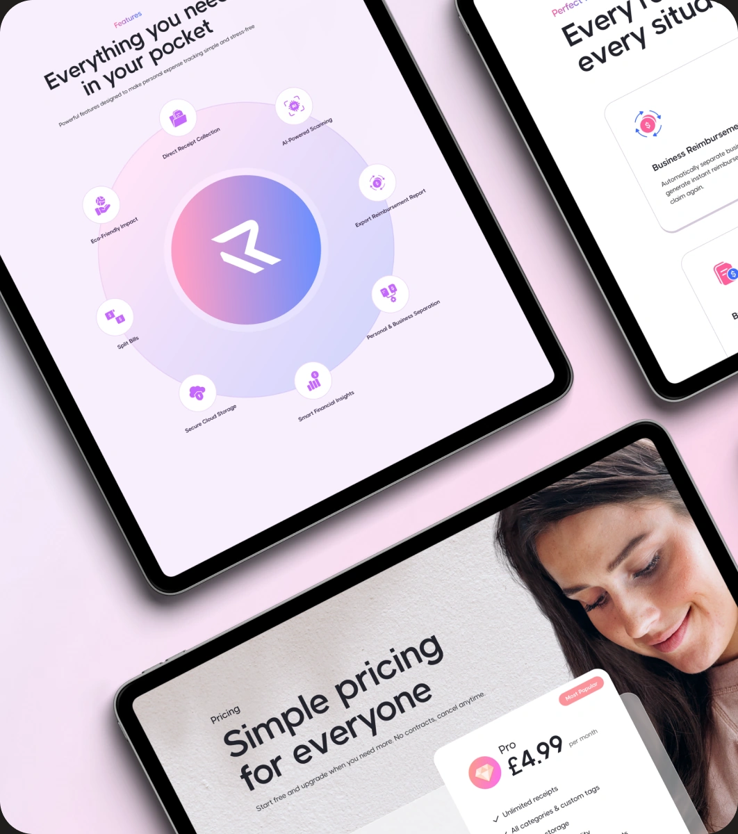 Receitly interface screens arranged on a soft pink gradient
