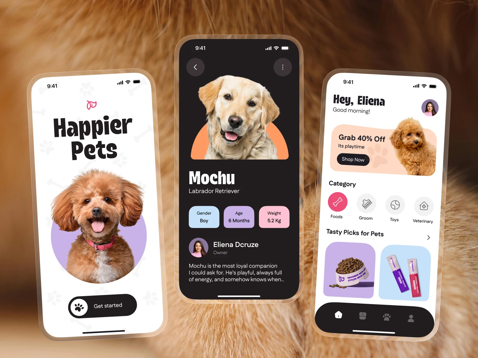Pet-care product interfaces on three mobile phones